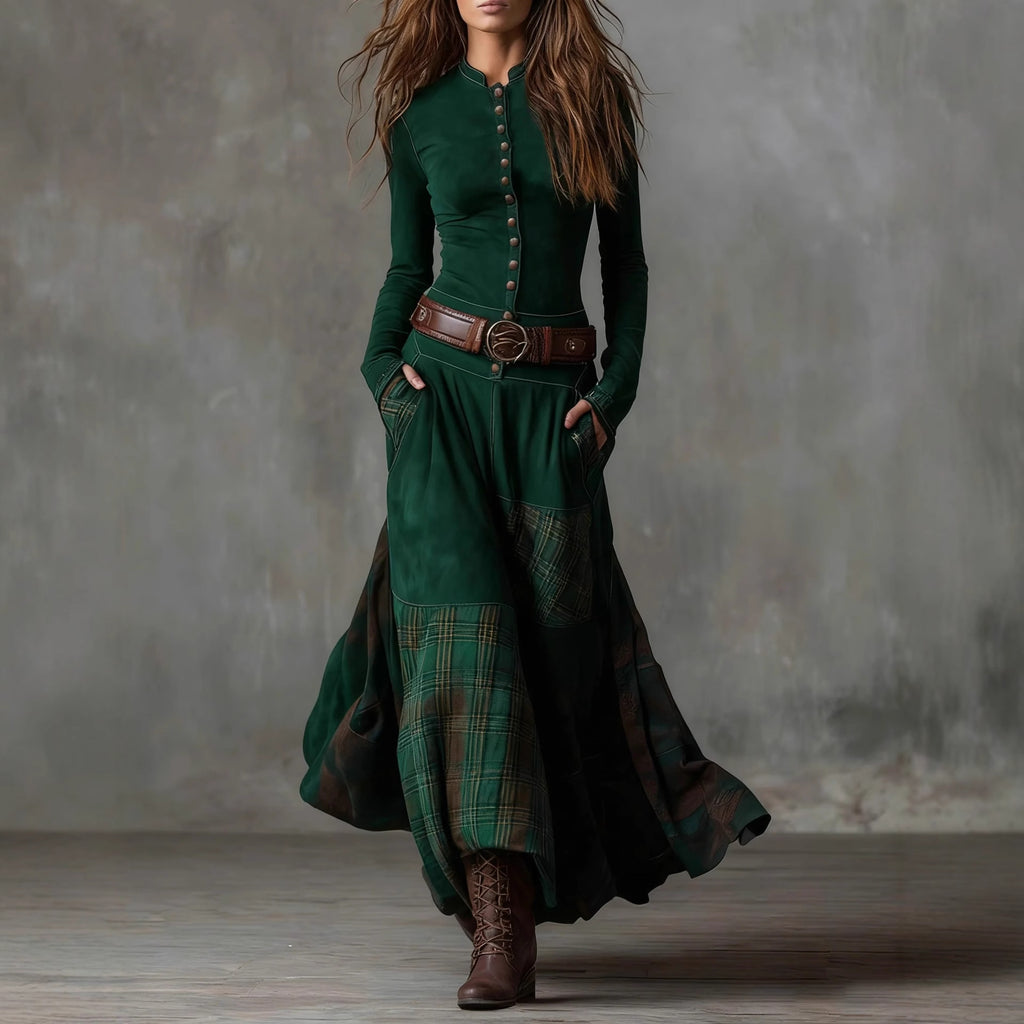 FreyaVibe Moorland Patchwork Maxi Dress in green — countryside heritage style, wide-leg maxi length