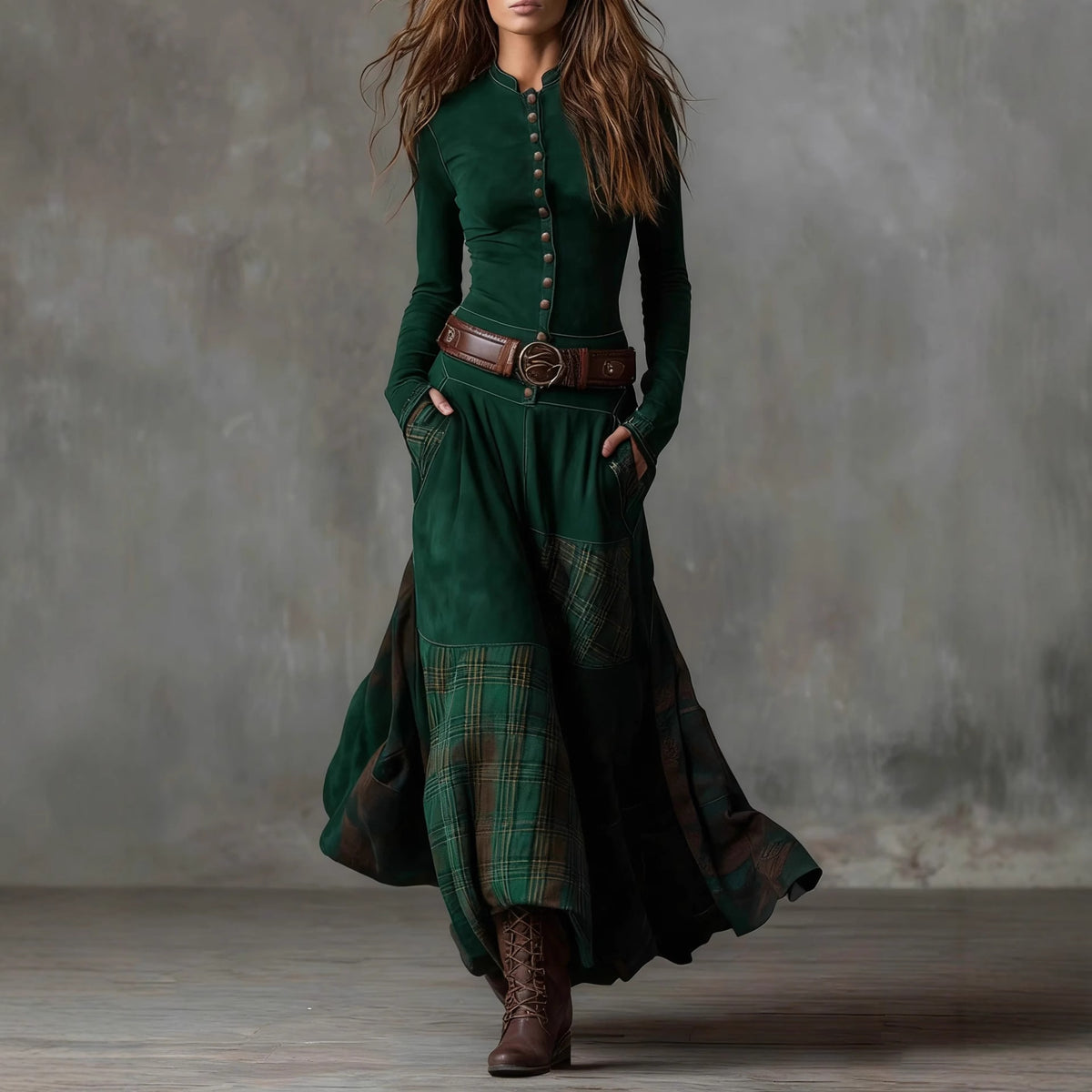 FreyaVibe Moorland Patchwork Maxi Dress in green — countryside heritage style, wide-leg maxi length