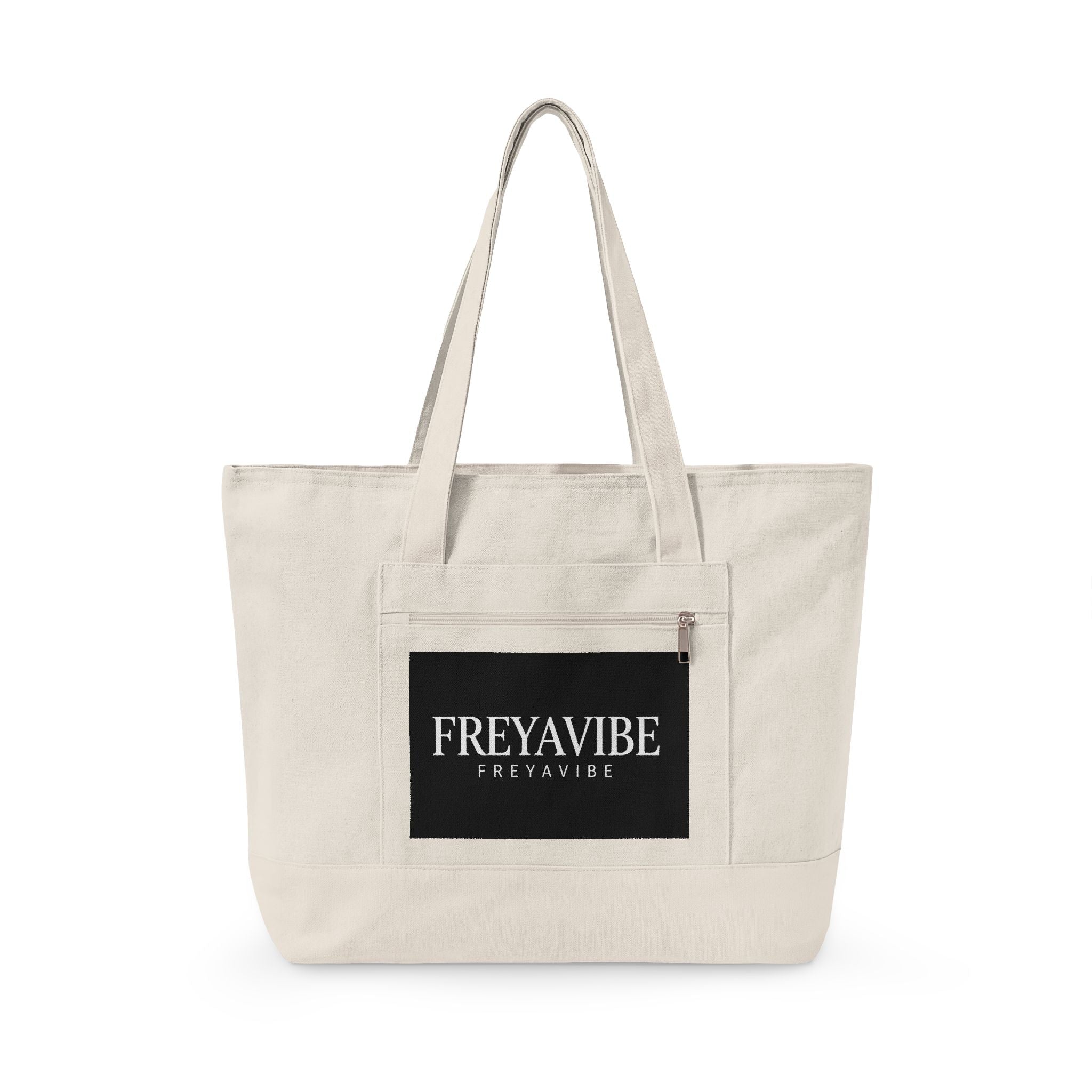Canvas Tote Bag - 'FREYAVIBE' Logo Zippered Canvas Tote | Everyday Market Tote, Beach & Travel Bag