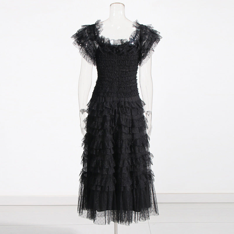 Polka dot mesh maxi dress front view – women's elegant occasionwear