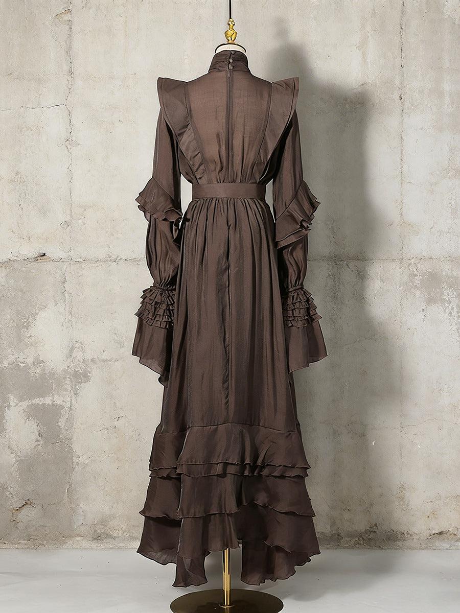 Victorian Ruffle High Neck Maxi Dress in coffee brown — floor-length gothic romantic occasionwear by FreyaVibe London