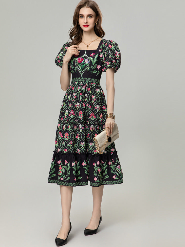 Women's high waist floral midi dress, A-line silhouette — FV London