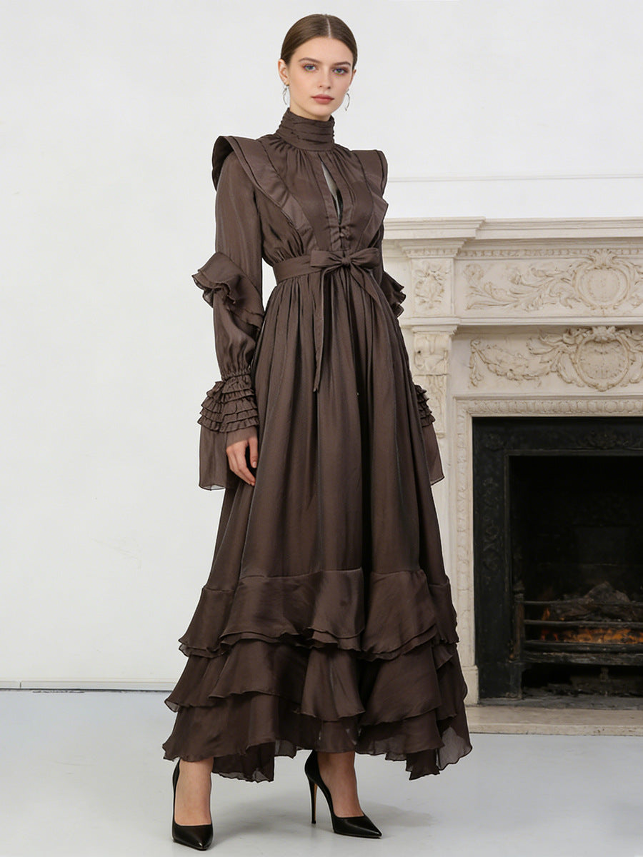 Victorian Ruffle High Neck Maxi Dress in coffee brown — floor-length gothic romantic occasionwear by FreyaVibe London