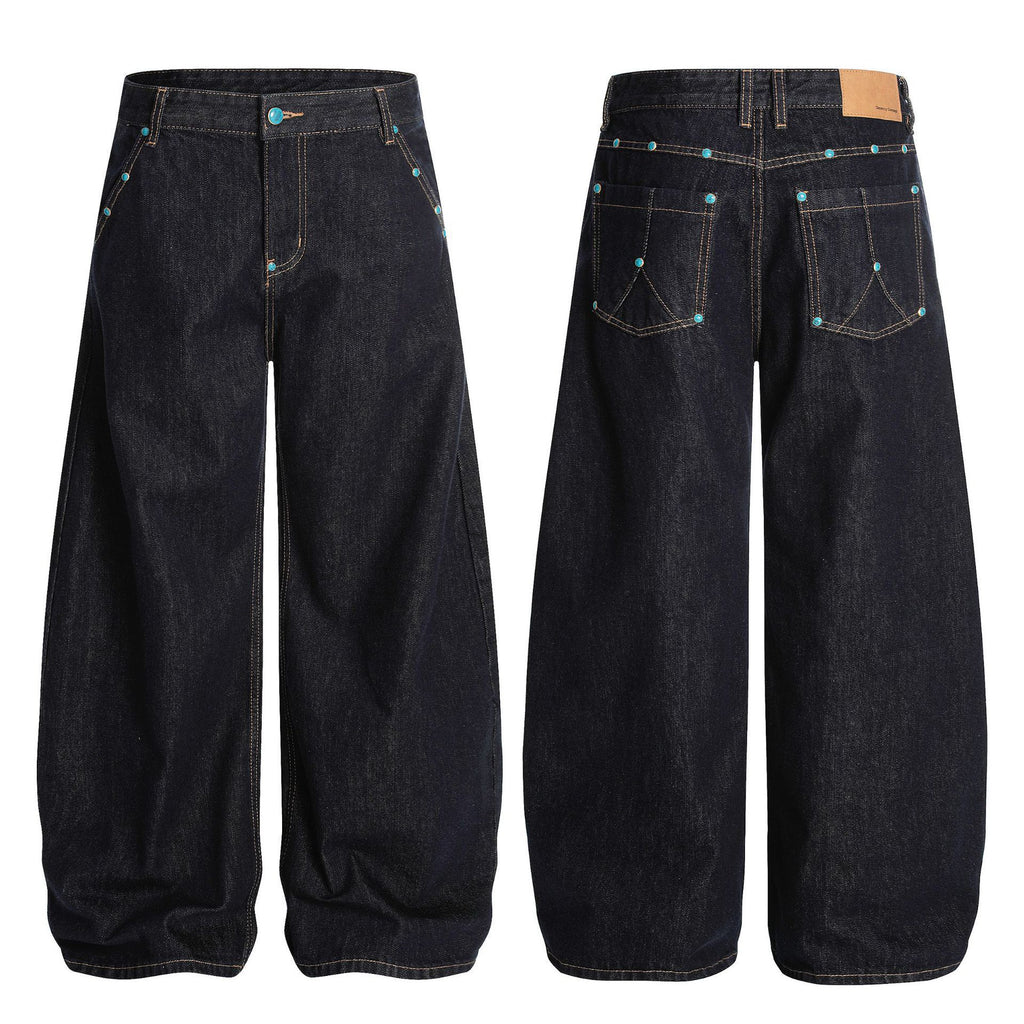 Men's retro loose fit bootcut jeans dark navy denim with teal stud detail — FreyaVibe London