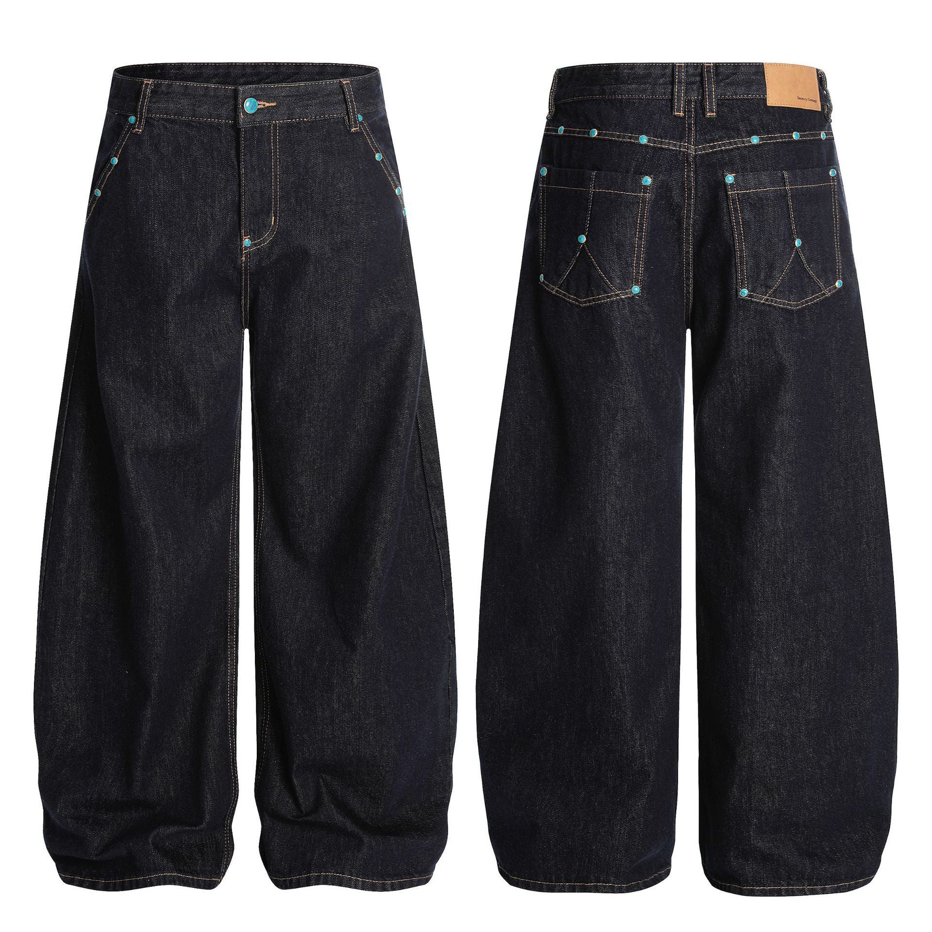 Men's retro loose fit bootcut jeans dark navy denim with teal stud detail — FreyaVibe London