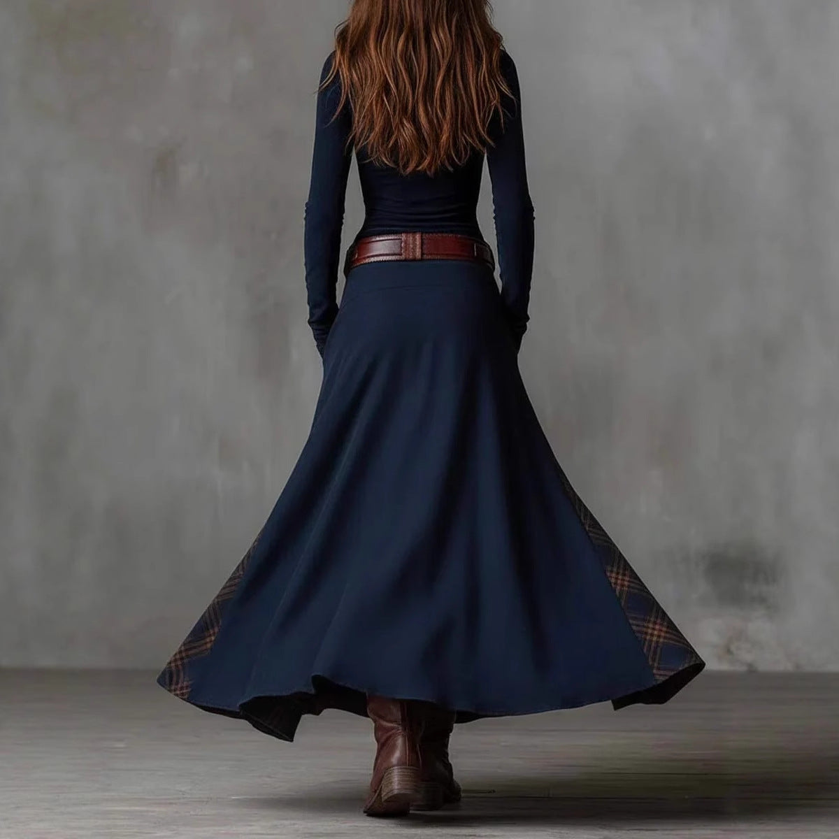 The Moorland Patchwork Maxi Dress FV in dark brown — long sleeve maxi dress with patchwork plaid skirt panels