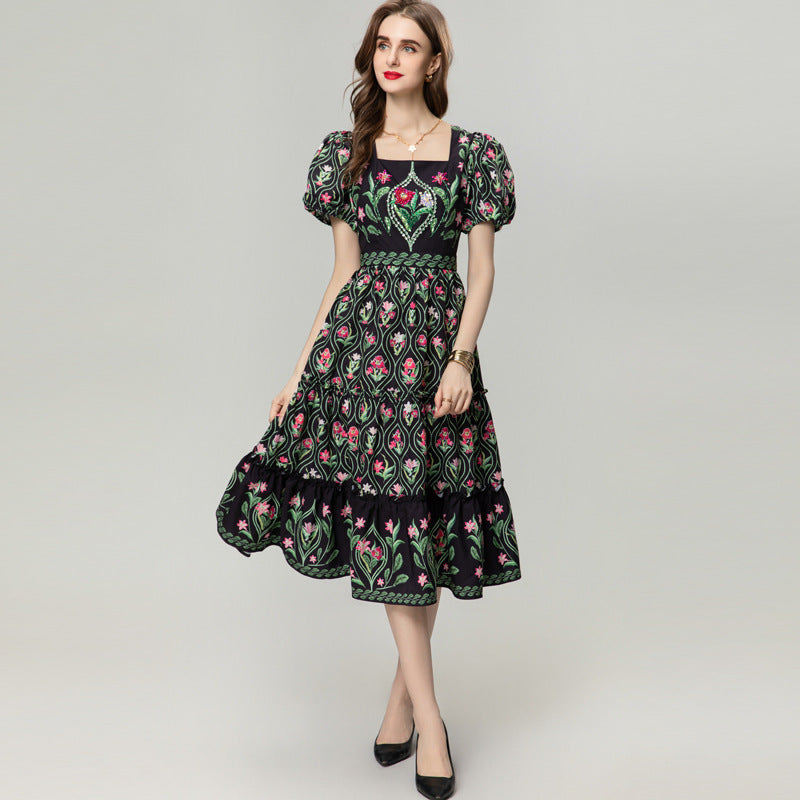 Women's floral midi dress, high waist, short sleeve — FreyaVibe London