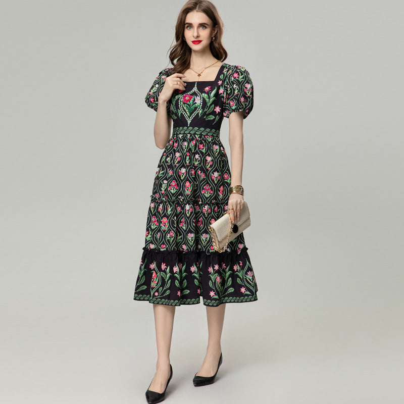 Romantic floral print occasion dress, midi length — FreyaVibe