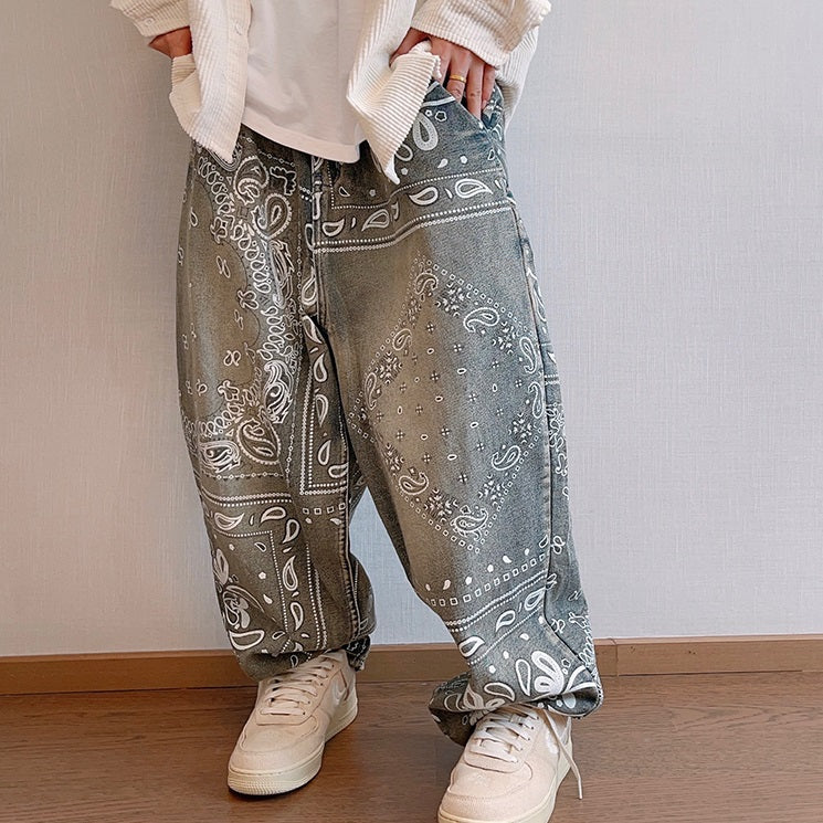 FreyaVibe paisley print washed loose straight jeans — front worn view showing all-over bandana print on washed blue denim