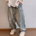 FreyaVibe paisley print washed loose straight jeans — front worn view showing all-over bandana print on washed blue denim