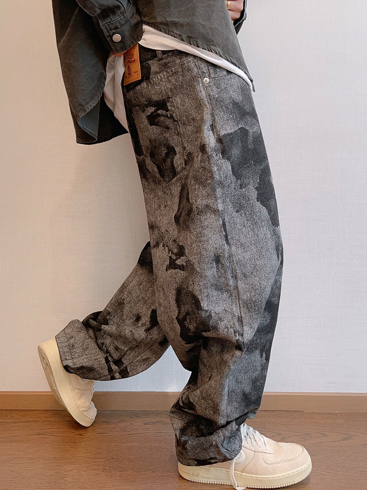 FreyaVibe men's grey black tie-dye loose jeans — alternative side view showing low-crotch flare fit and print detail