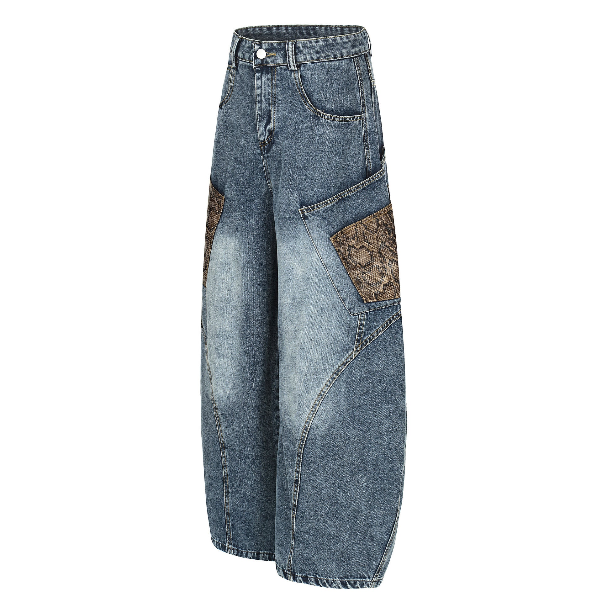 Men's retro washed barrel-leg jeans front and back view — blue cotton denim with snake print pockets by FreyaVibe