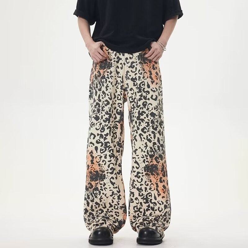 FreyaVibe vintage cream leopard print loose jeans — full length front view unisex wide-leg cotton denim