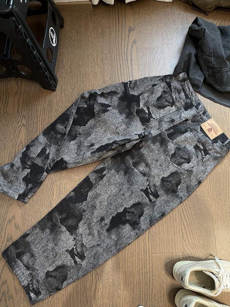 FreyaVibe tie-dye flare loose jeans — full length flat lay front view grey black printed denim