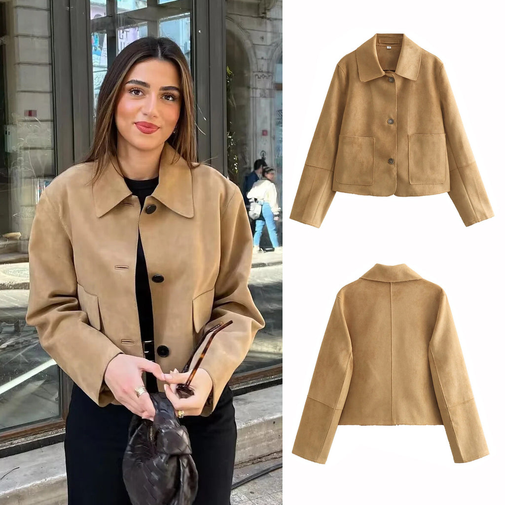 Suede Fabric Jacket Coat FV — side view, long sleeve women's suede coat | FreyaVibe