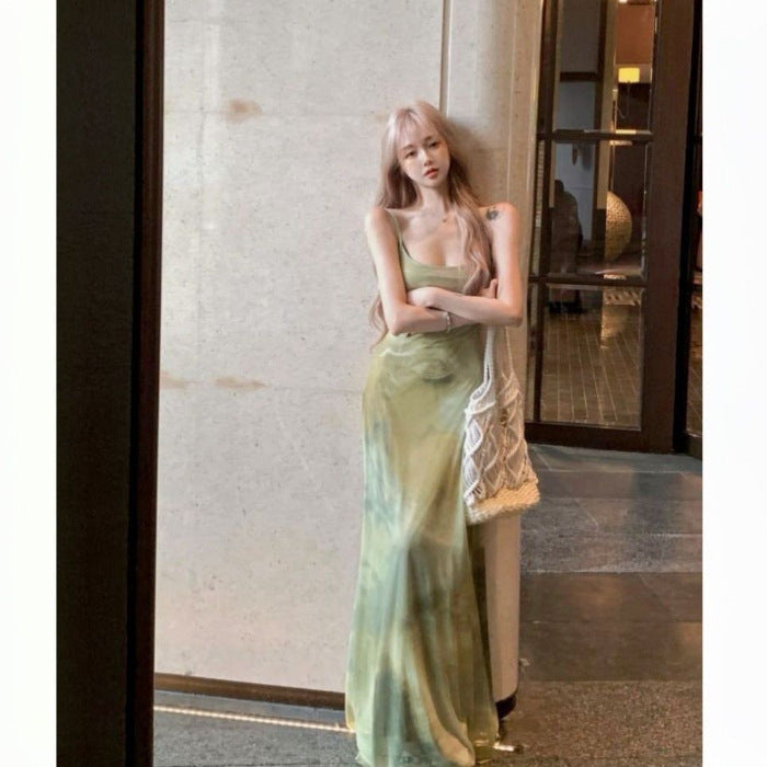 Minimalist Light Green Satin Strap Maxi Dress | Quiet Luxury Style