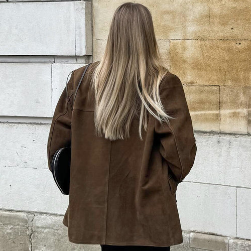 Women's brown faux suede oversized lapel coat – side view