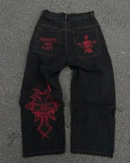 Men's hip hop embroidered loose jeans black — red colourway back view with skull cross embroidery and graphic pocket text | FreyaVibe