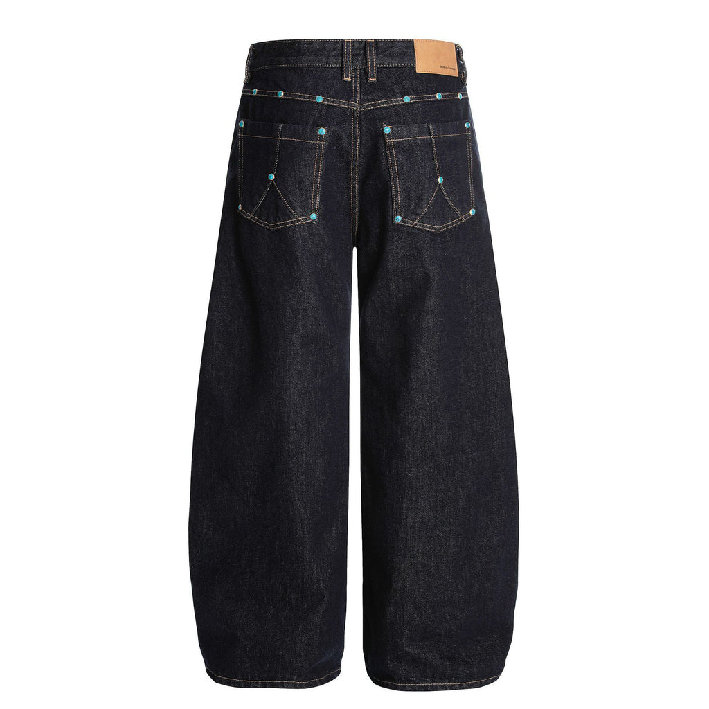 FreyaVibe retro bootcut jeans back view — dark navy denim teal rivets contrast stitching men's loose fit