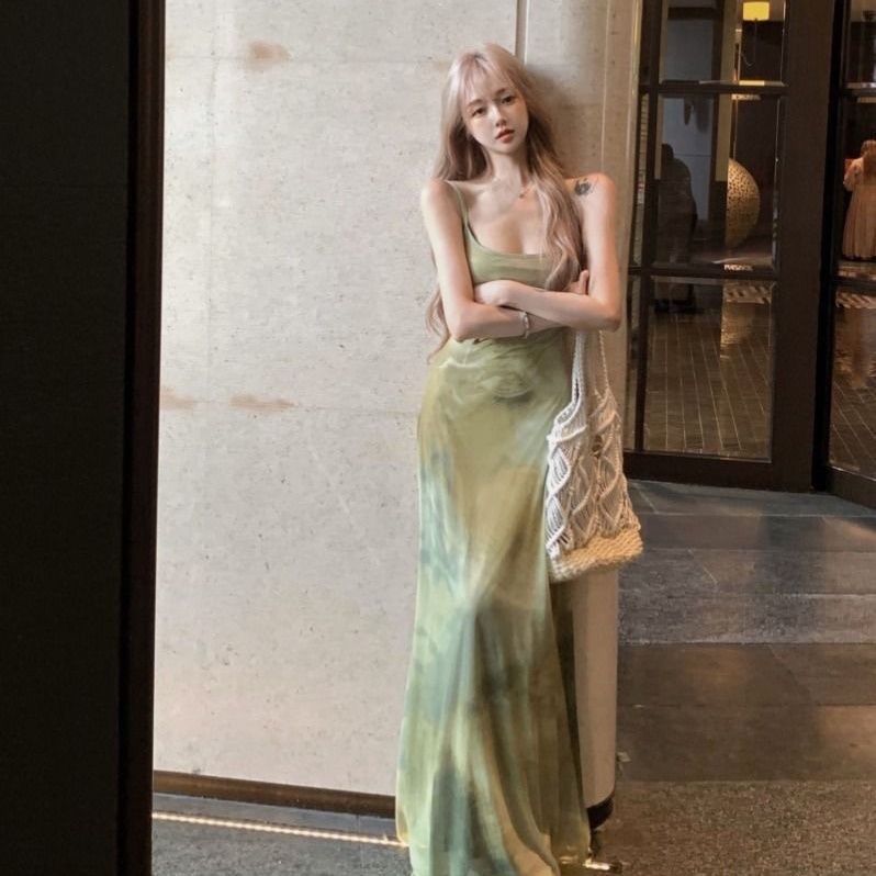 Minimalist Light Green Satin Strap Maxi Dress | Quiet Luxury Style