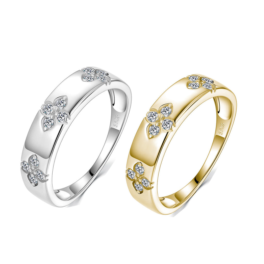 S925 silver floral cluster moissanite ring in gold finishand silver on white background