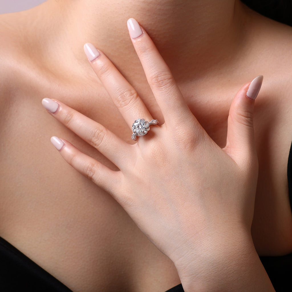 2-carat moissanite ring close-up brilliant cut stone platinum plated silver band