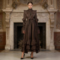 Victorian Ruffle High Neck Maxi Dress in coffee brown — floor-length gothic romantic occasionwear by FreyaVibe London