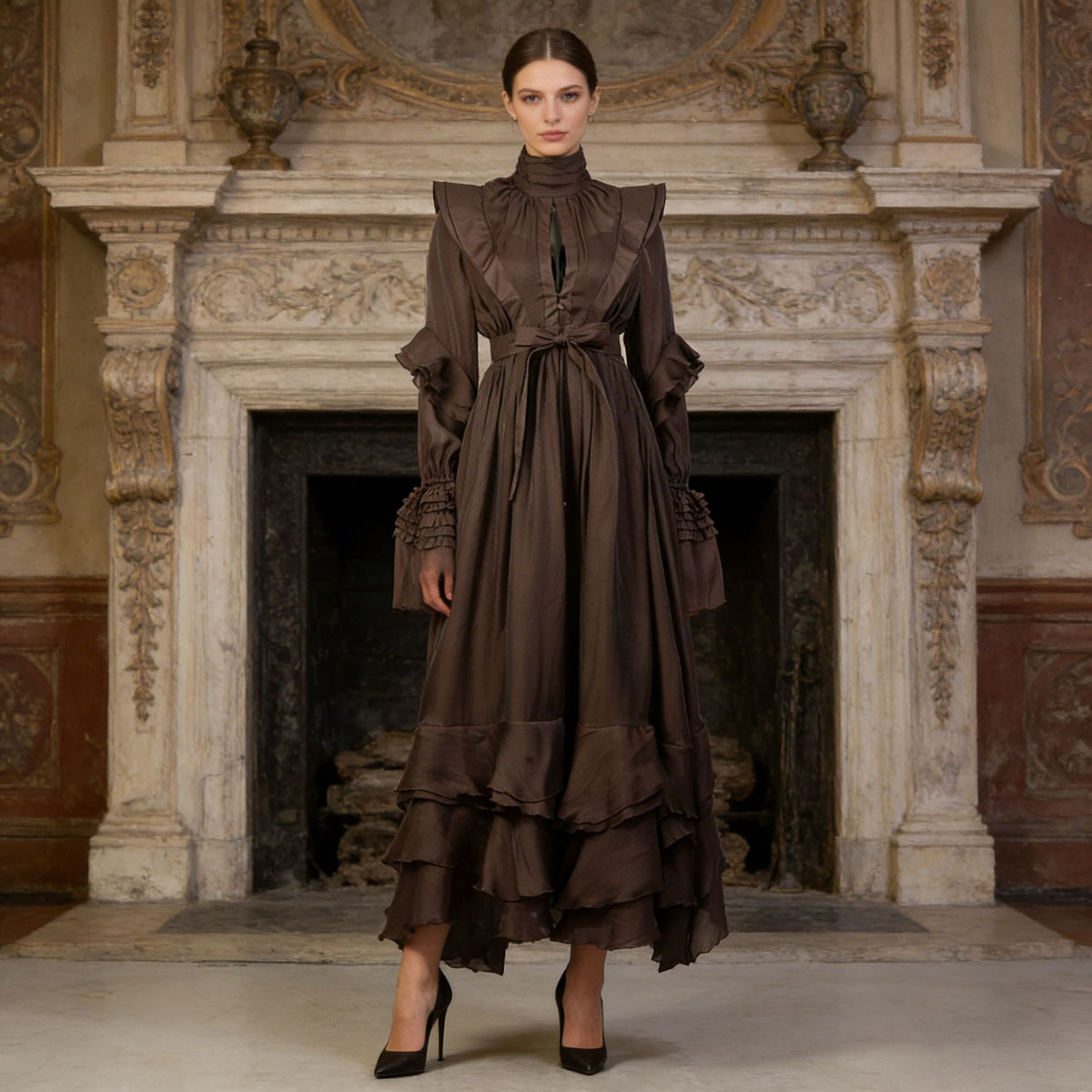 Victorian Ruffle High Neck Maxi Dress in coffee brown — floor-length gothic romantic occasionwear by FreyaVibe London