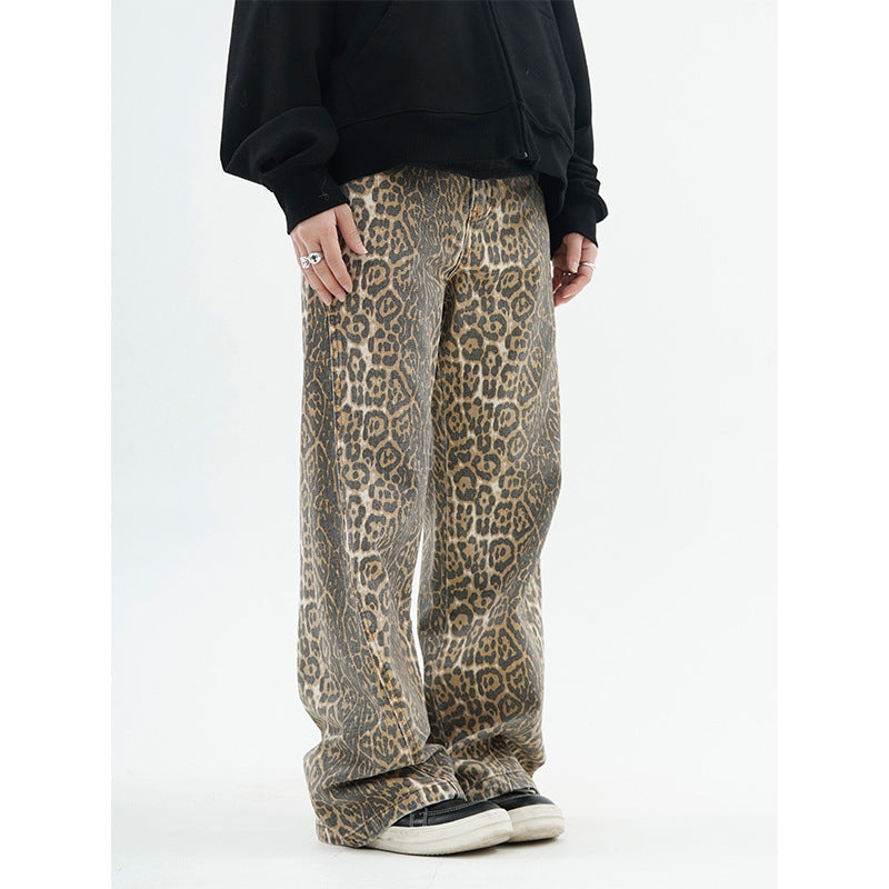FreyaVibe vintage leopard print loose jeans khaki brown — worn front view showing relaxed wide-leg fit and mid-rise waist