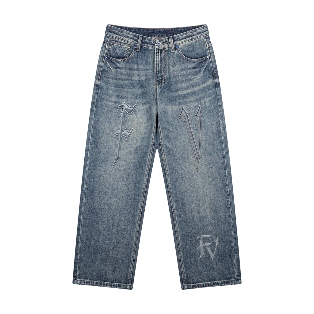 Men's Vintage Wash Straight Leg Denim Jeans ODMPOD