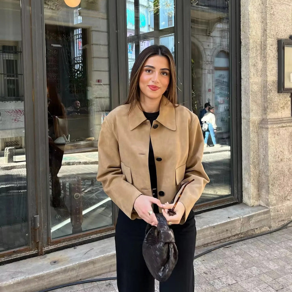 Suede Fabric Jacket Coat FV — close-up of suede fabric texture and sleeve detail | FreyaVibe