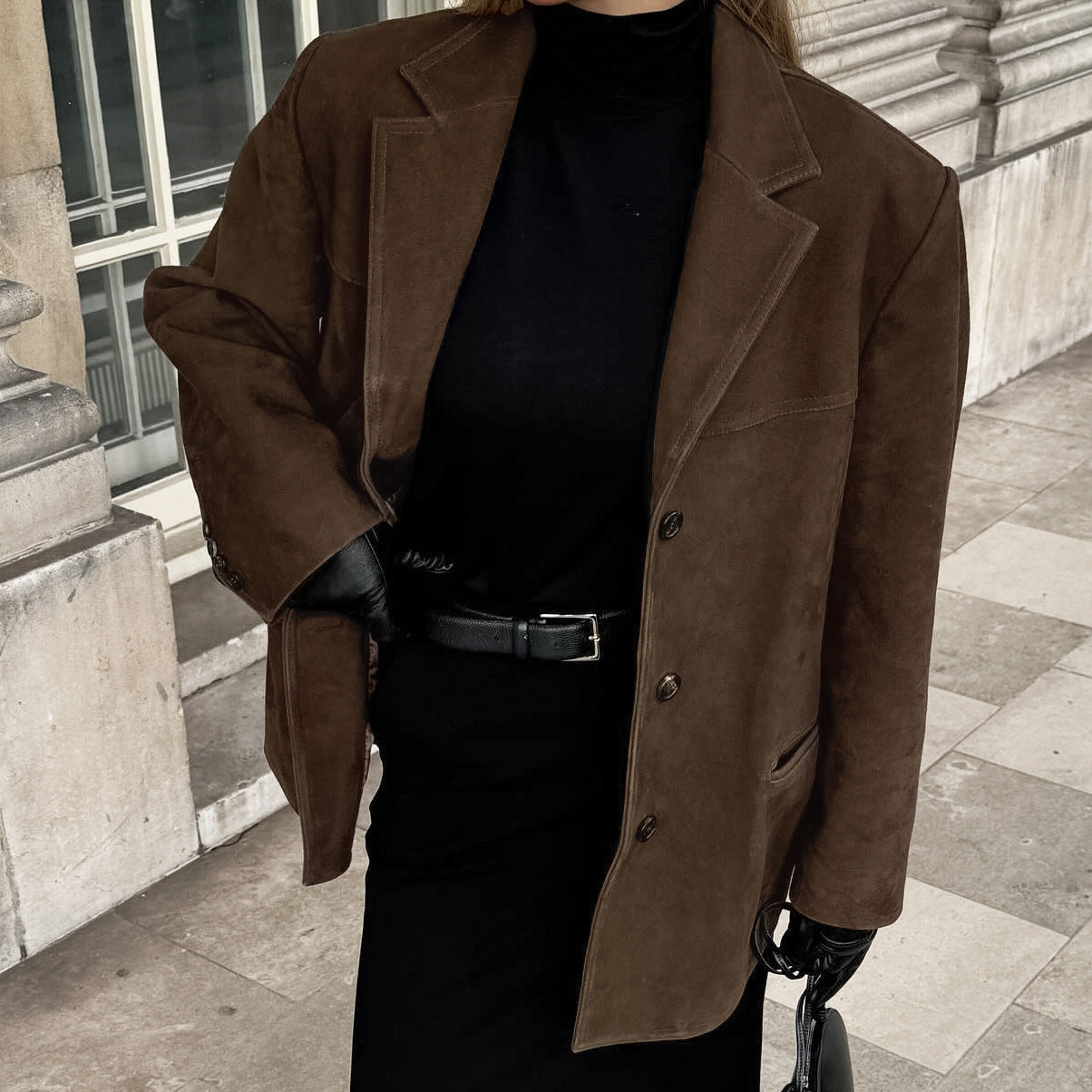 	Brushed suede lapel jacket long sleeve detail – close up