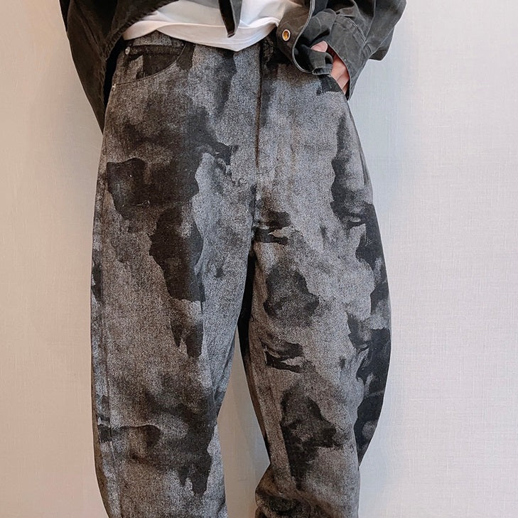 FreyaVibe tie-dye flare loose jeans grey black — front close-up worn view with denim jacket streetwear styling