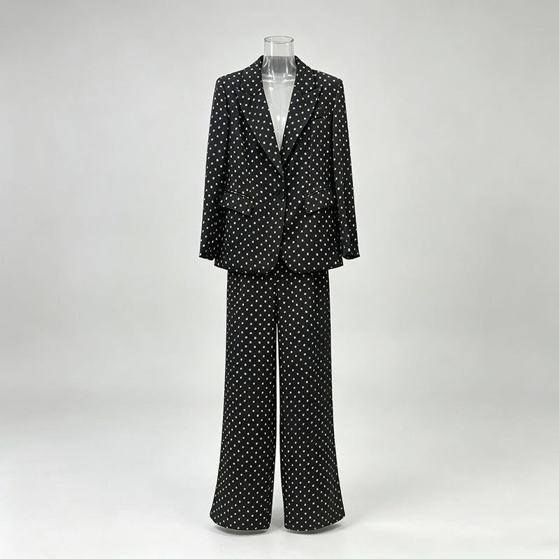Polka dot blazer and wide leg trouser suit set in black – flat-lay showing full length trousers and single button blazer detail
