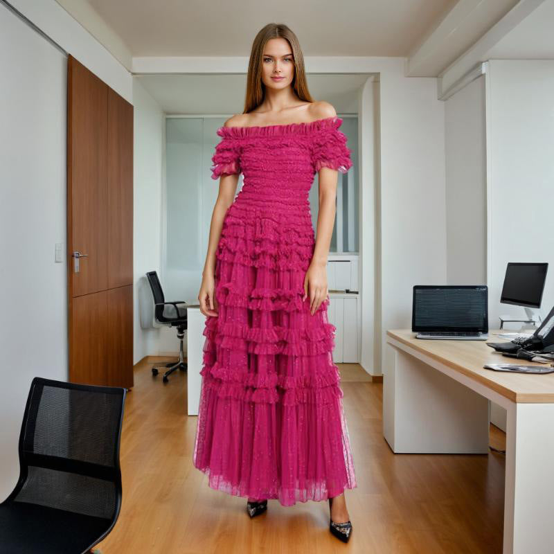 Rose Red polka dot mesh maxi dress – high waist long dress for women