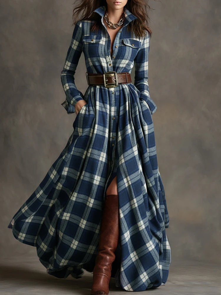 Plaid Shirt Maxi Dress FV — full length view, retro plaid pattern | FreyaVibe"