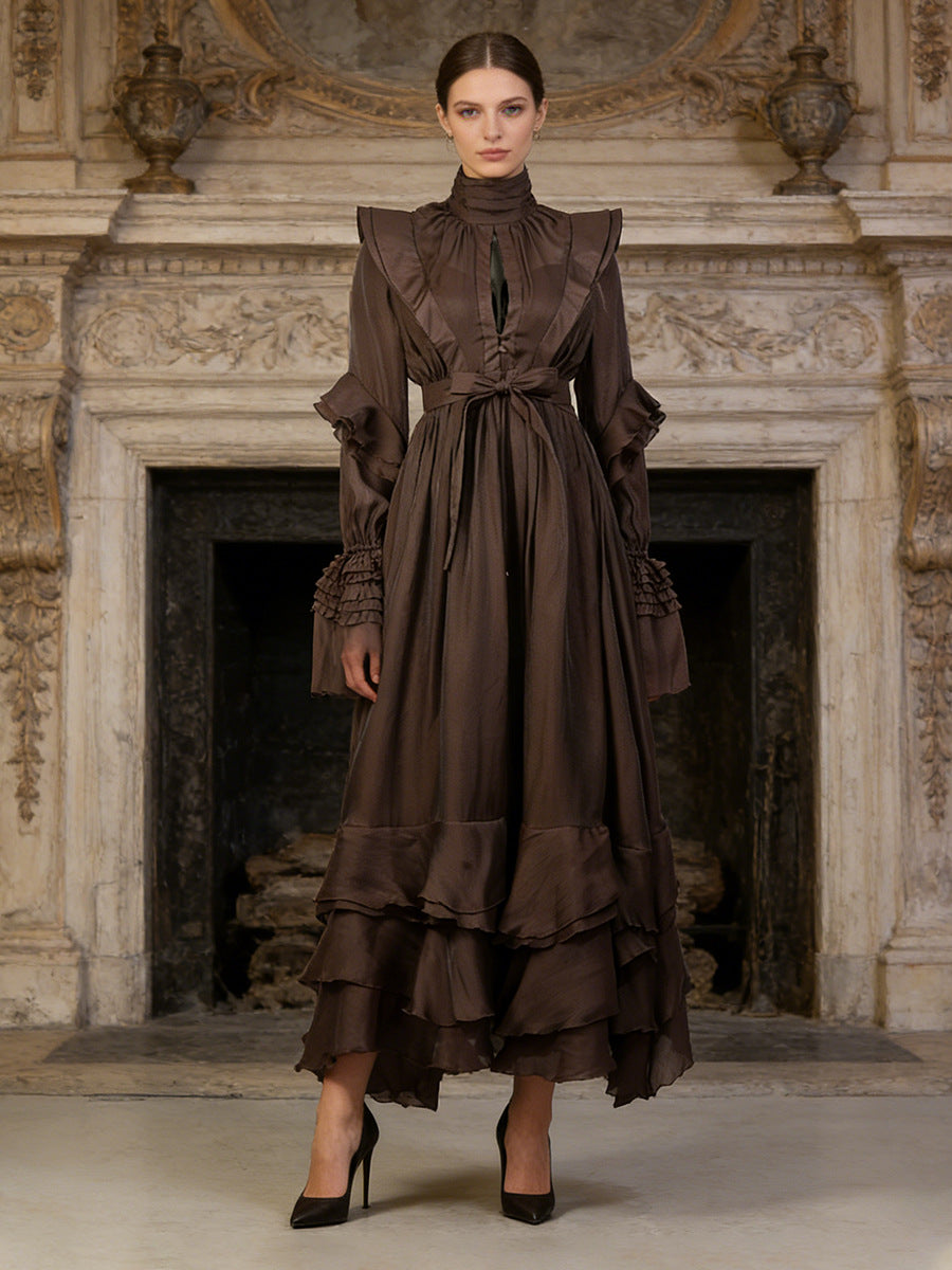 Victorian Ruffle High Neck Maxi Dress in coffee brown — floor-length gothic romantic occasionwear by FreyaVibe London