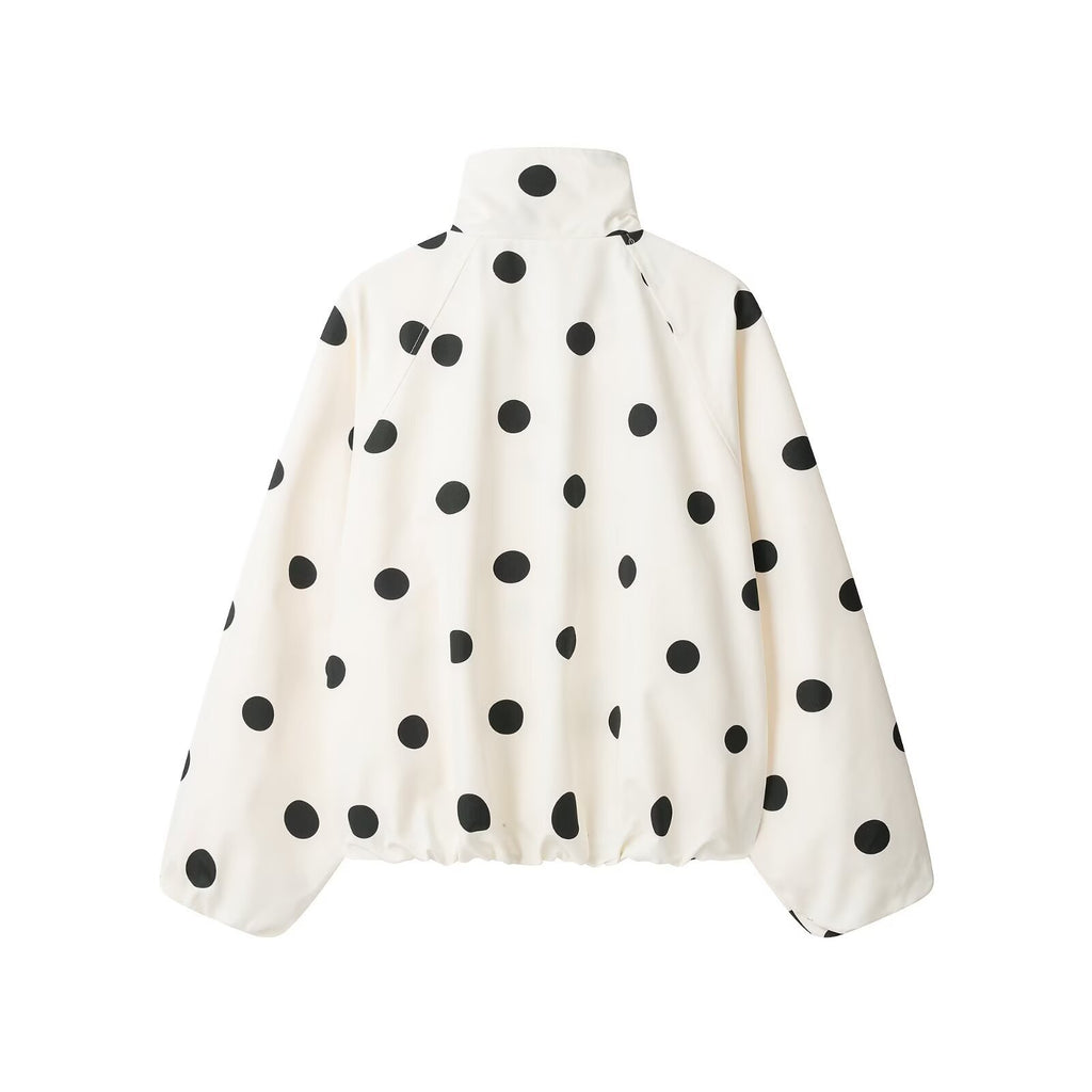 FV Polka Dot Turtleneck Aviator Jacket — model wearing white jacket, front