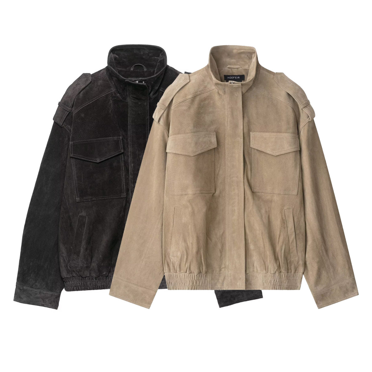 Women's suede texture zip leather coat in camel – front view