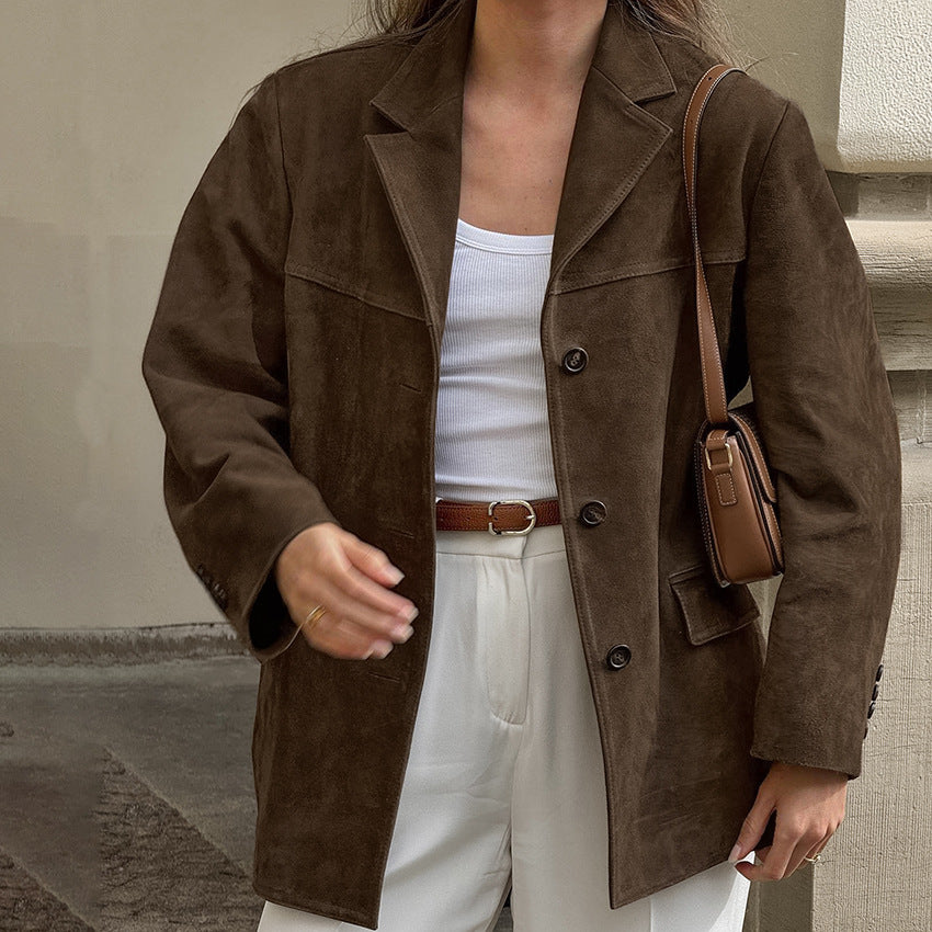 Brown lapel jacket women relaxed loose fit – back view