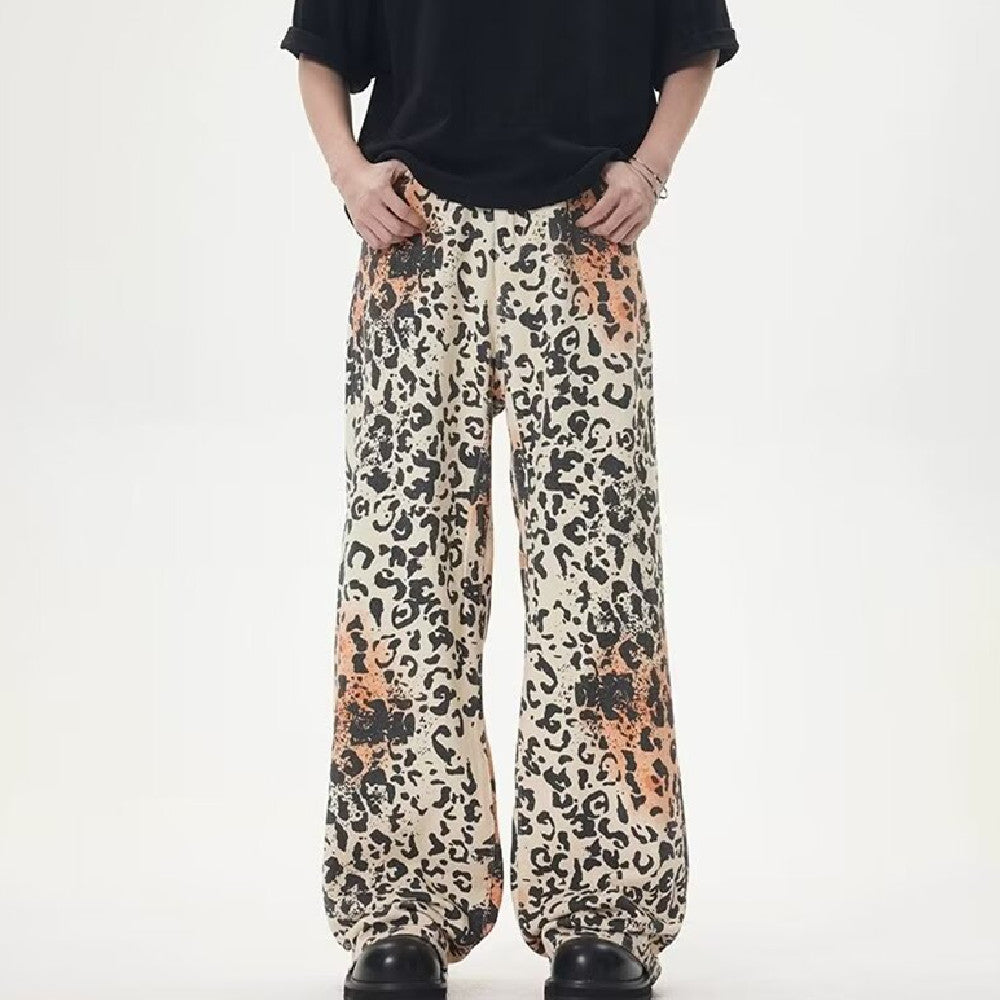 FreyaVibe vintage leopard print loose jeans cream orange colourway — front view unisex wide-leg fit