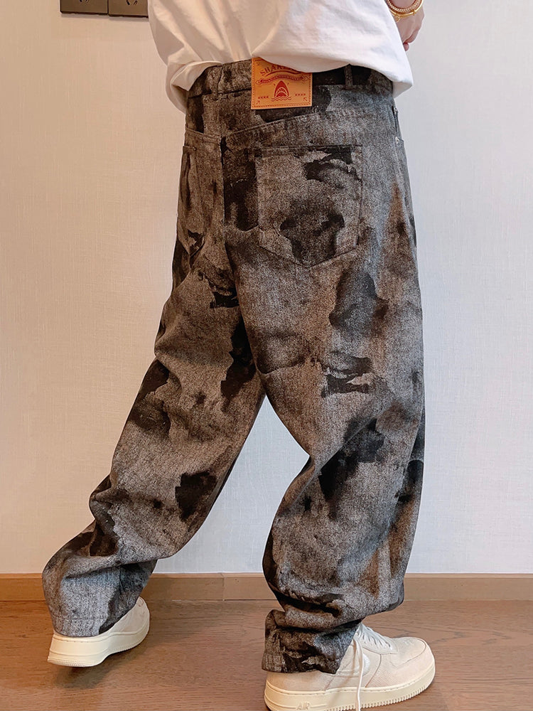 FreyaVibe men's grey black tie-dye loose jeans — alternative side view showing low-crotch flare fit and print detail