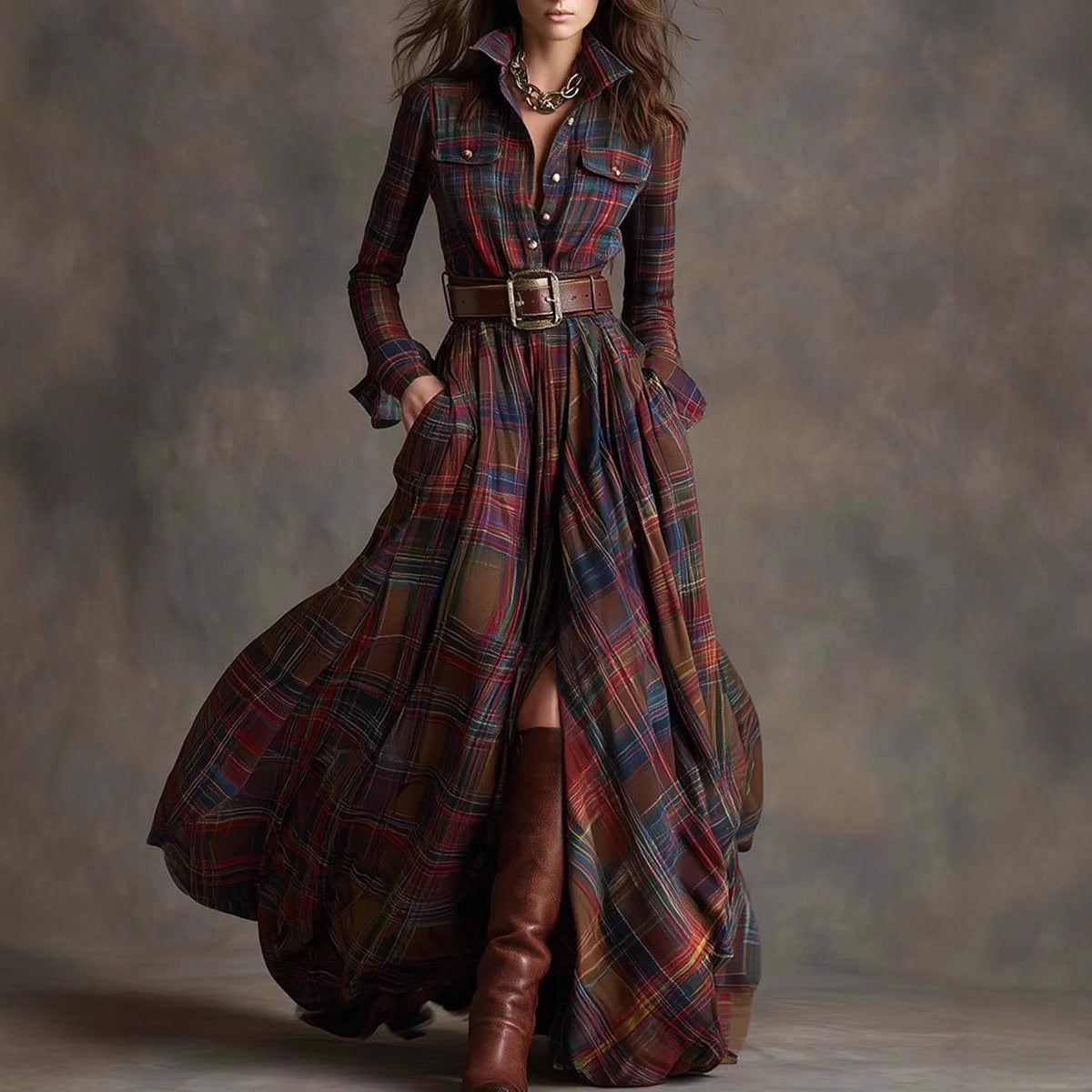 Plaid Shirt Maxi Dress FV — side view, long sleeve shirt dress with belt | FreyaVibe