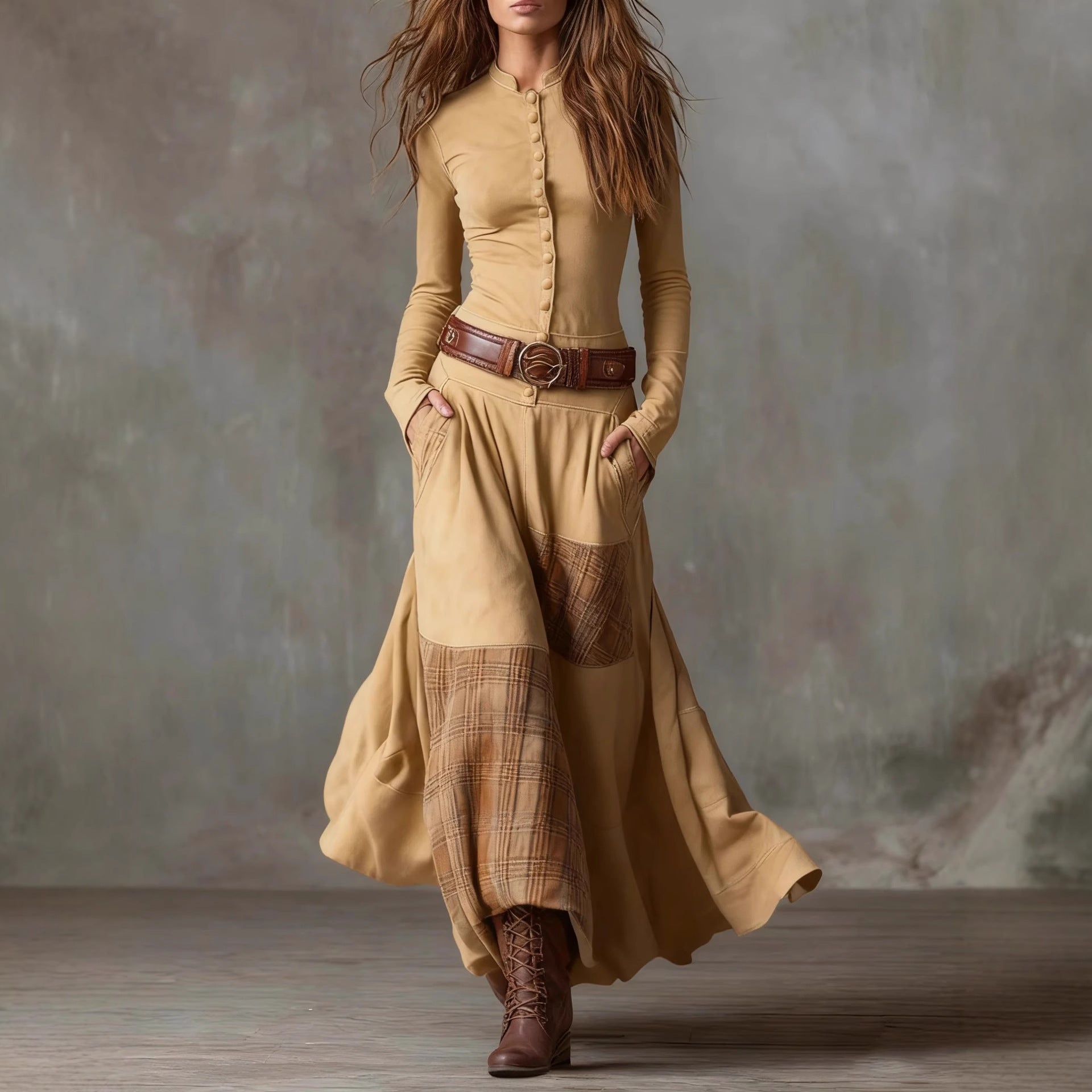 The Moorland Patchwork Maxi Dress FV in yellow — full length view, wide-leg skirt with contrast plaid panels