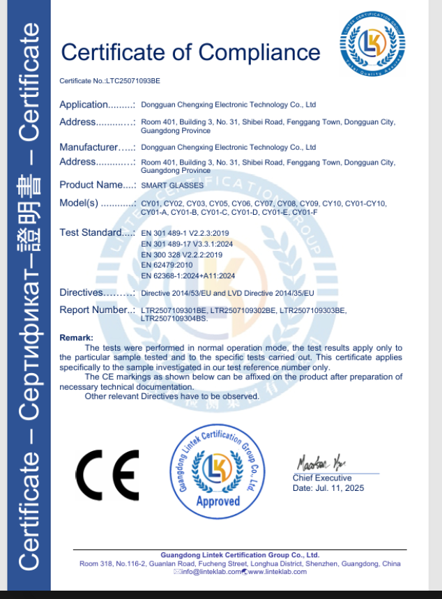 CE Certificate of Compliance — AI Smart Glasses 800W — Cert No. LTC25071093BE